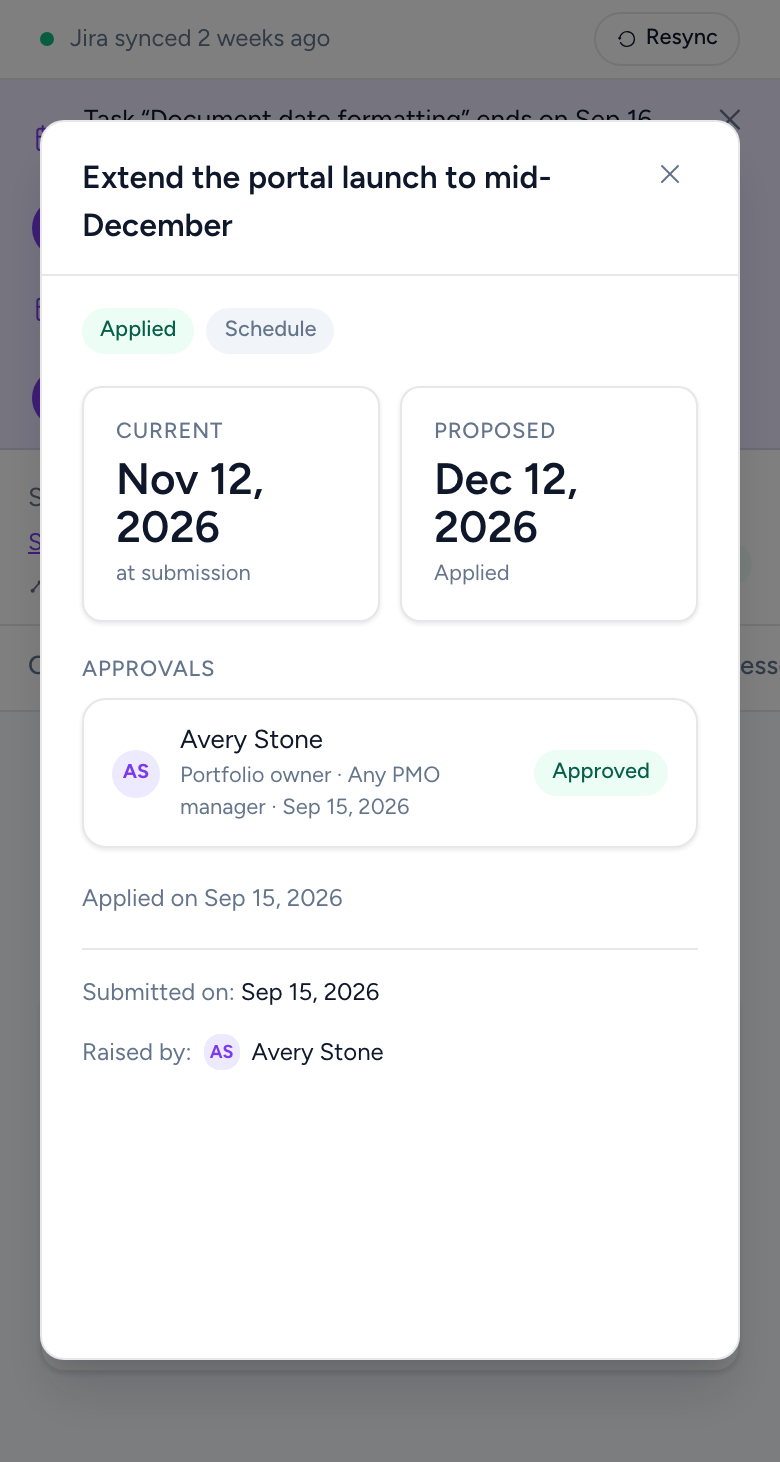 Screenshot of Change management in Portavi