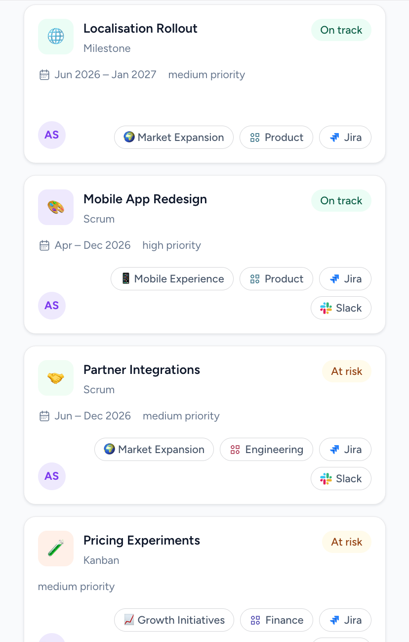 The Portavi overview, showing portfolios, programs and projects with their delivery status, deadlines and budget attention on one page